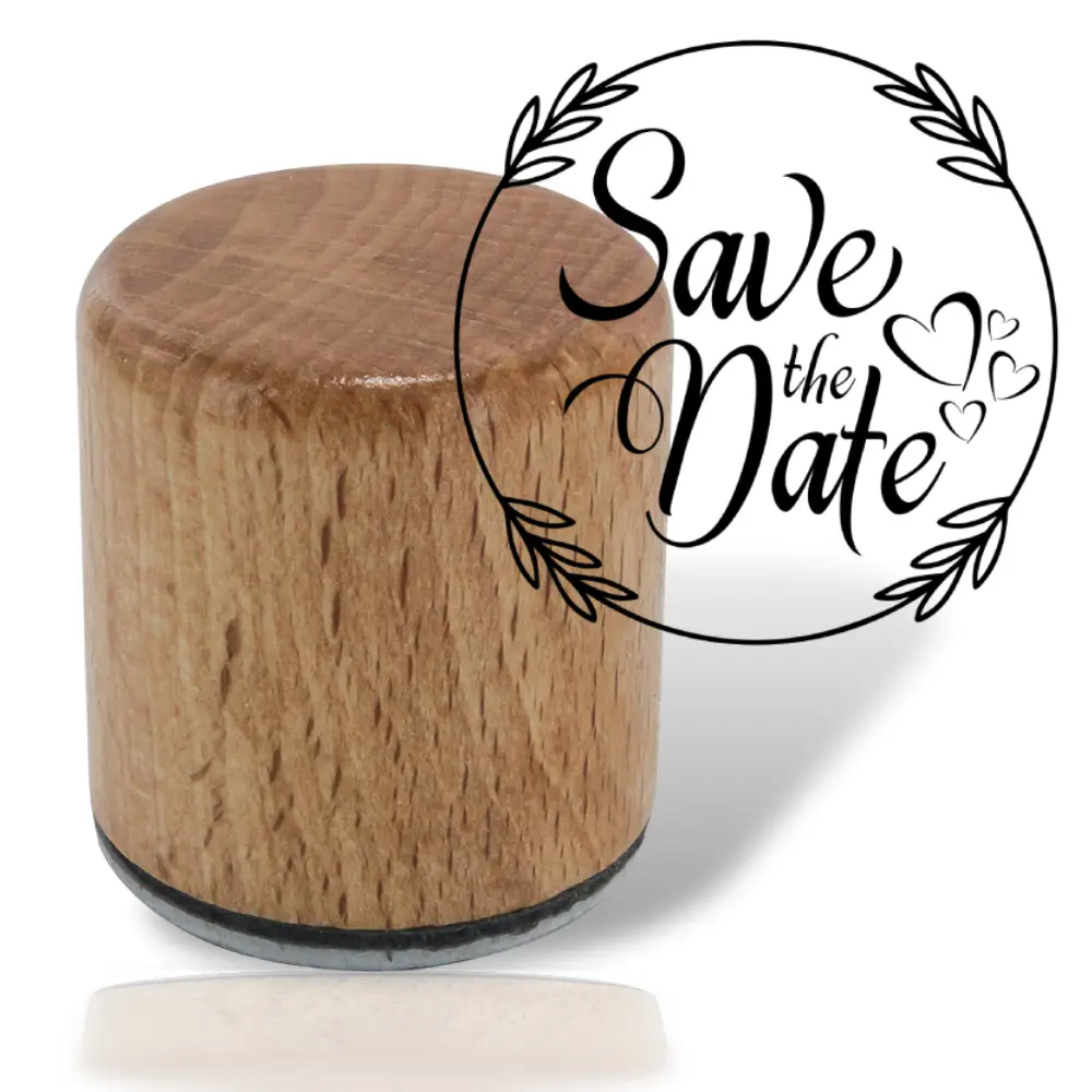“Save the Date” Motivstempel mit Herzen im Blumenrahmen von #HansArbeit | Ø 30 mm | Ideal für Hochzeiten & besondere Anlässe