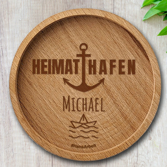"Heimathafen" - Personalisierter Holzuntersetzer aus Buchenholz