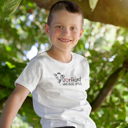 Kinder T-Shirt F140K "Dorfkind und Stolz drauf" – Mit Kuh Motiv für kleine Landliebhaber aus Baumwolle