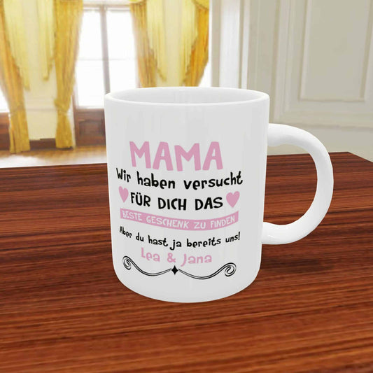Die Herz-Tasse für Mamas: „Mama, wir haben versucht für dich das beste Geschenk zu finden, aber du hast ja bereits uns!“ 🌸💕